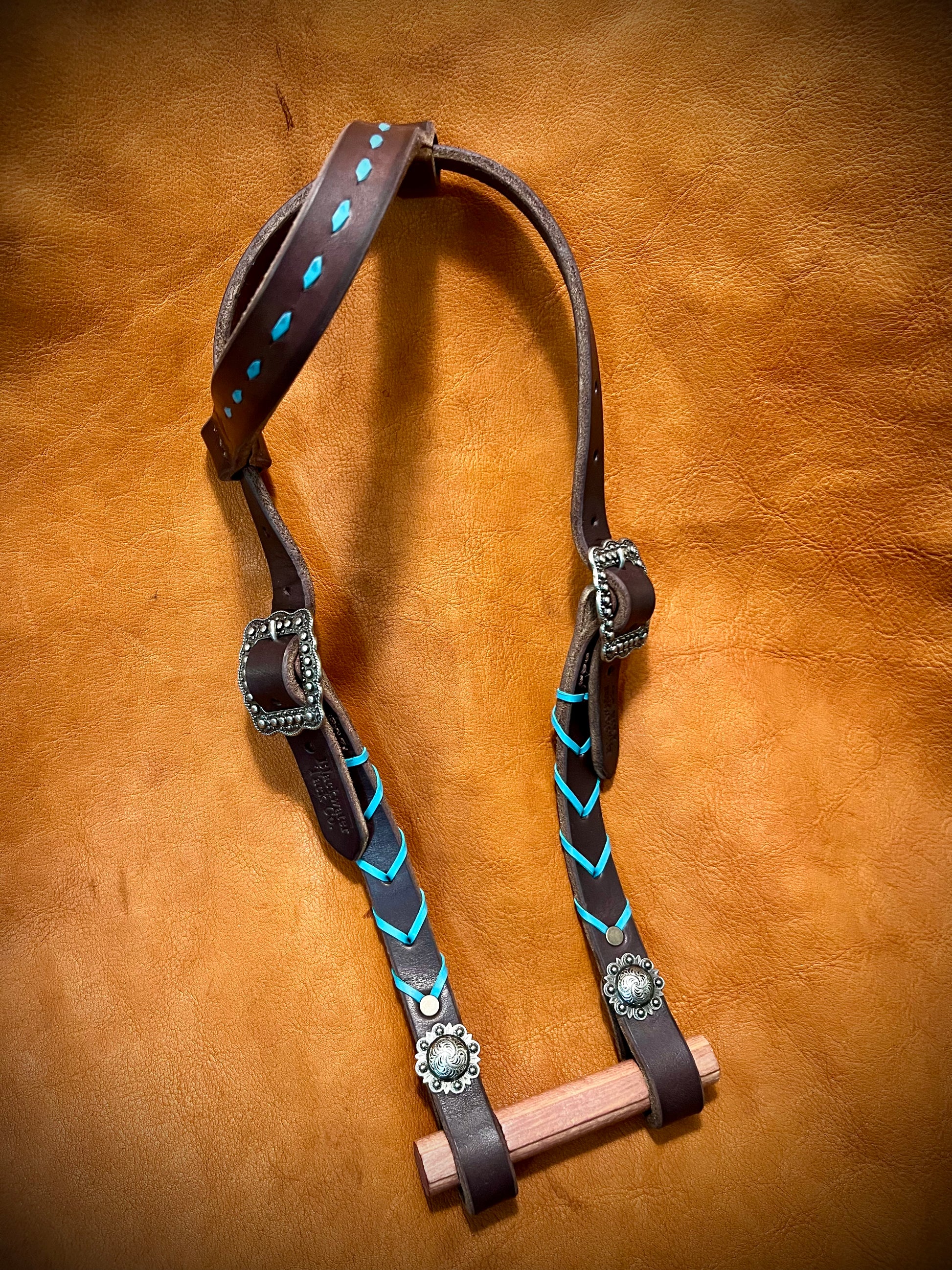 a one-ear headstall with flat turquoise kangaroo lace