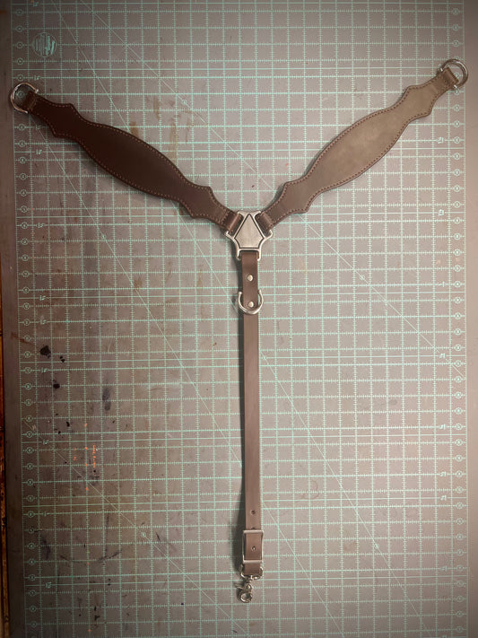 An assembled brown leather breast collar 