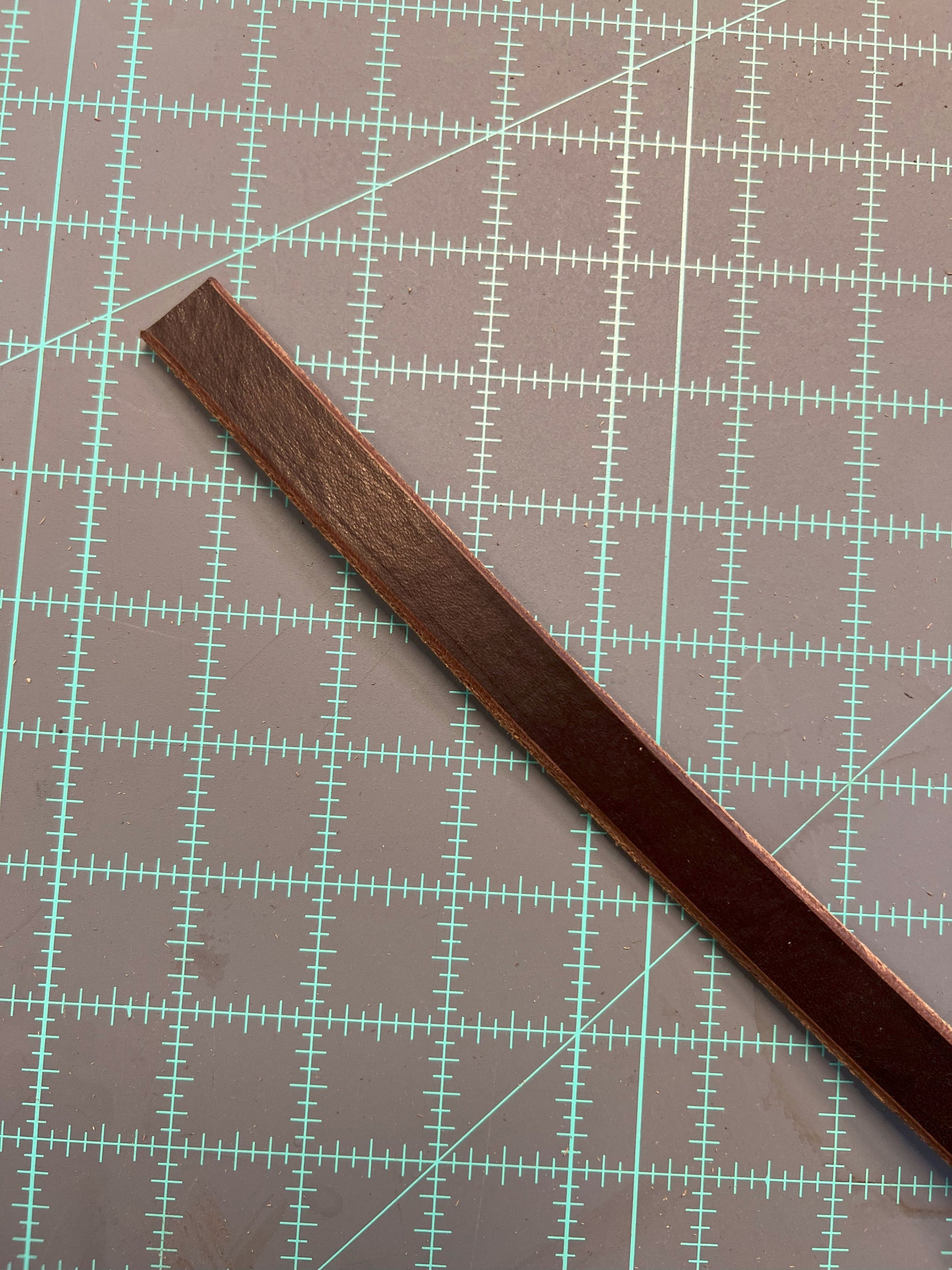 A closeup of a strip of leather used to make reins.