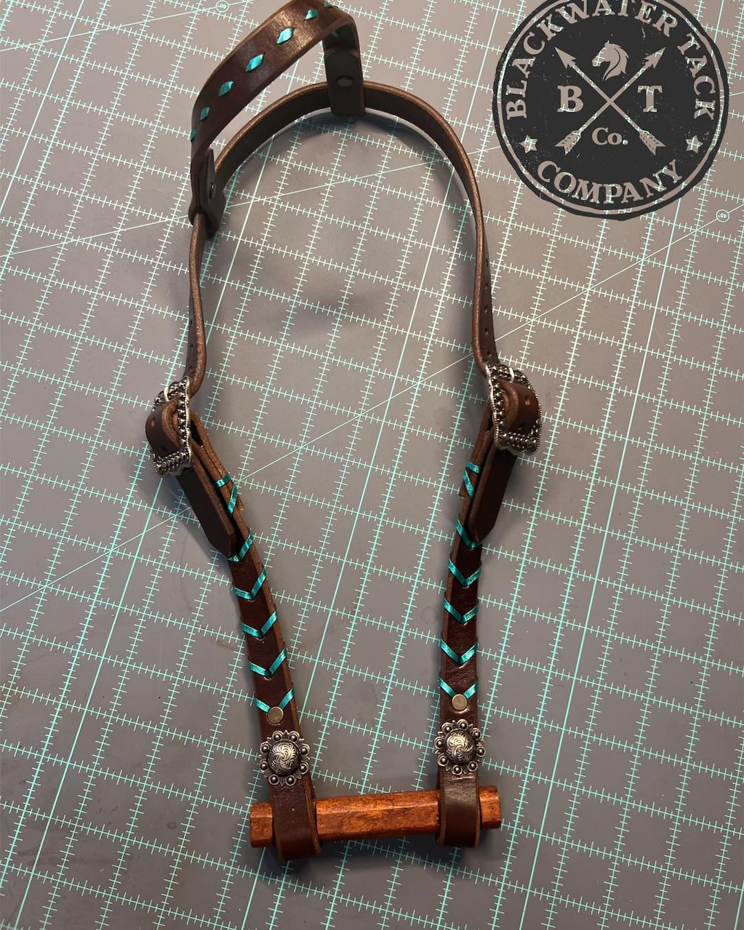 a one-ear headstall with metallic turquoise kangaroo lace